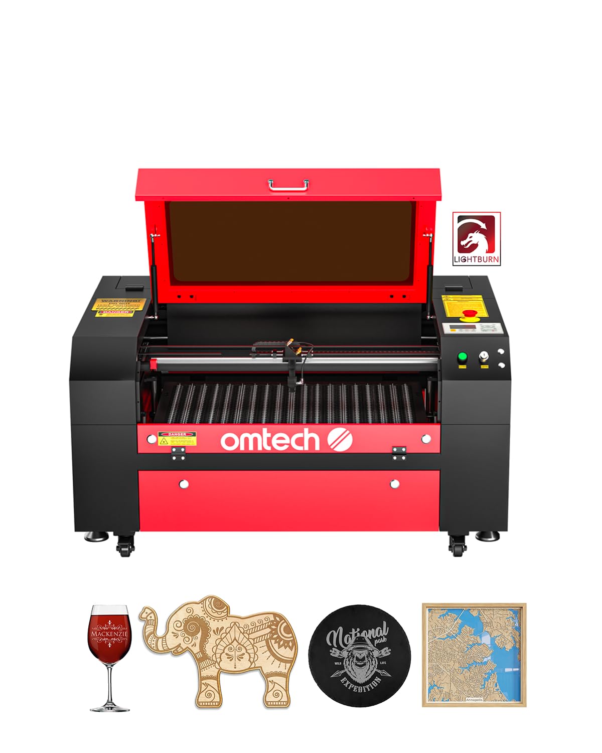 OMTech 60W CO2 Laser Engraver with LightBurn, 28x20 Inch Laser Engraving Cutting Machine with Autolift 4 Way Pass Air Assist Water Pump, Commercial Laser Engraver Cutter for Wood Glass Acrylic More OMTech