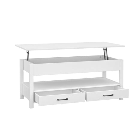 Panana Coffee Table, Lift Top Coffee Table with Hidden Compartment, 2 Drawers and 1 Open Shelf, Retro Central Wooden Table Lift Tabletop for Living Room (White) Panana