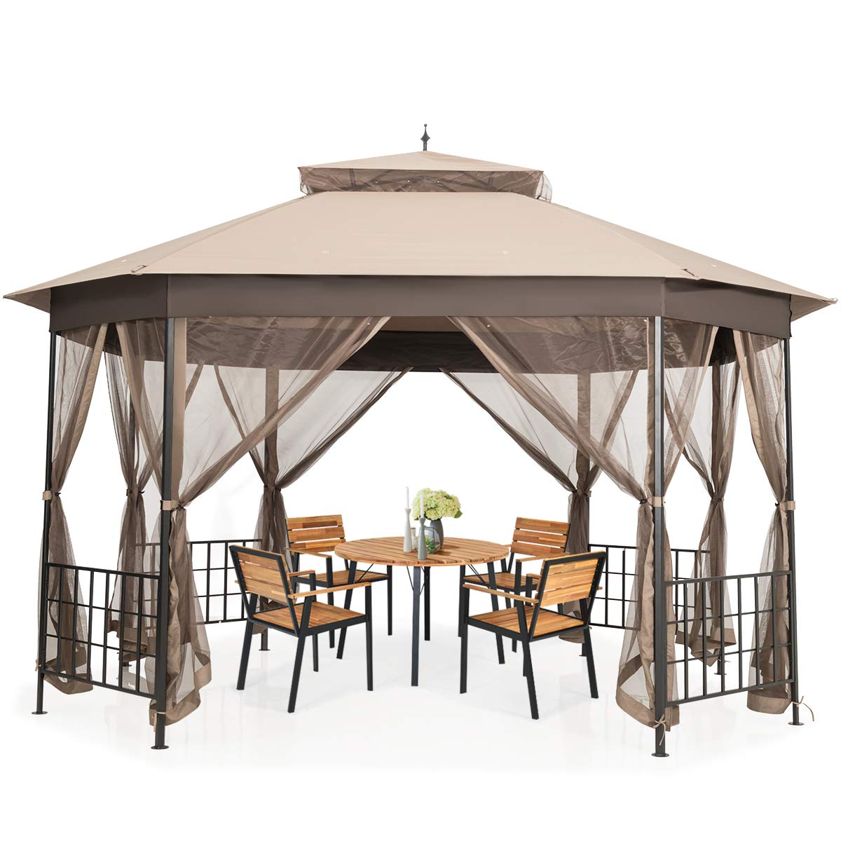 Tangkula 10 x 12 Ft Patio Gazebo, Heavy Duty Octagonal Gazebo Canopy w/Netting Sidewalls & Sturdy Steel Frame, Double Roof Vented Gazebo Canopy Tangkula
