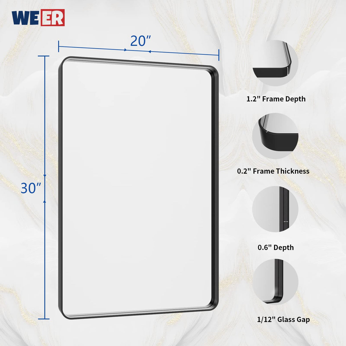 WEER Black Bathroom Mirror 20X30 Inch, Rectangular Matte Black Metal Framed Vanity Mirror, Farmhouse Bathroom Mirror with Tempered Glass, Rounded Corner, Anti-Rust (Horizontal/Vertical) WEER