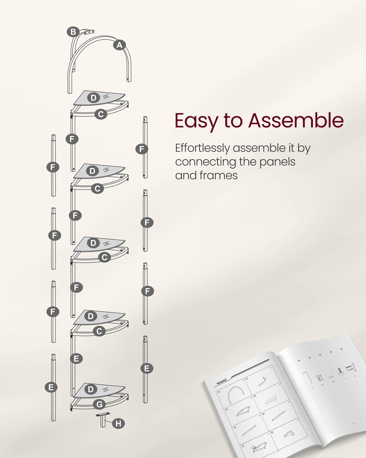 VASAGLE 5-Tier Corner Shelf Stand, Corner Bookshelf, Bathroom Organizer, Plant Stand, Tempered Glass, Steel Frame, Modern Style, for Living Room, Bathroom, Kitchen, Metallic Gold ULGT810A01 VASAGLE