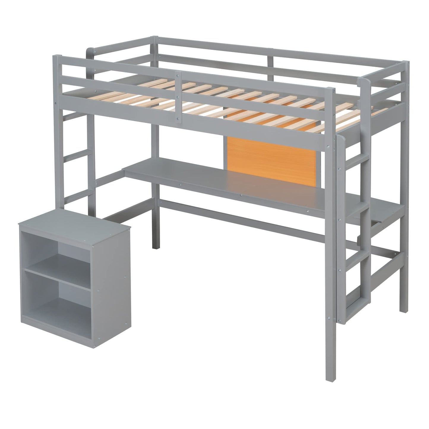 DEYOBED Twin Loft Bed with Desk and Cabinet - Stylish Grey Wood Frame for Kids and Teens - WoodArtSupply