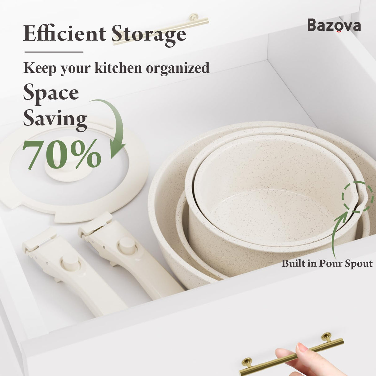 Bazova Ceramic Nonstick Cookware Set, Healthy,Non Toxic,17-Pieces Pots and Pans Set Removable Handles,Induction RV Kitchen Set,Stain & Scratch-resistant,Dishwasher/Oven Safe,PFAS/PFOA Free,Cream White bazova