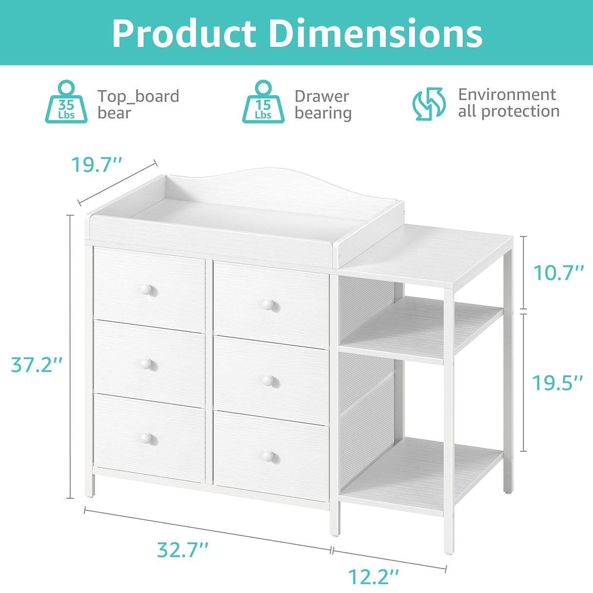 BOLUO Baby Dresser with Changing Table Top, White Changing Table Dresser with 6 Fabric Drawers Diaper Changing Station with Storage Shelf for Nursery Modern BOLUO