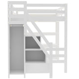 Bellemave Full Loft Bed with Stairs and Shelves, Wood Loft Bed with Bookcase and 3-Tier Shelves, Wardrobe, LED for Kids, Teens, Adults, White Bellemave