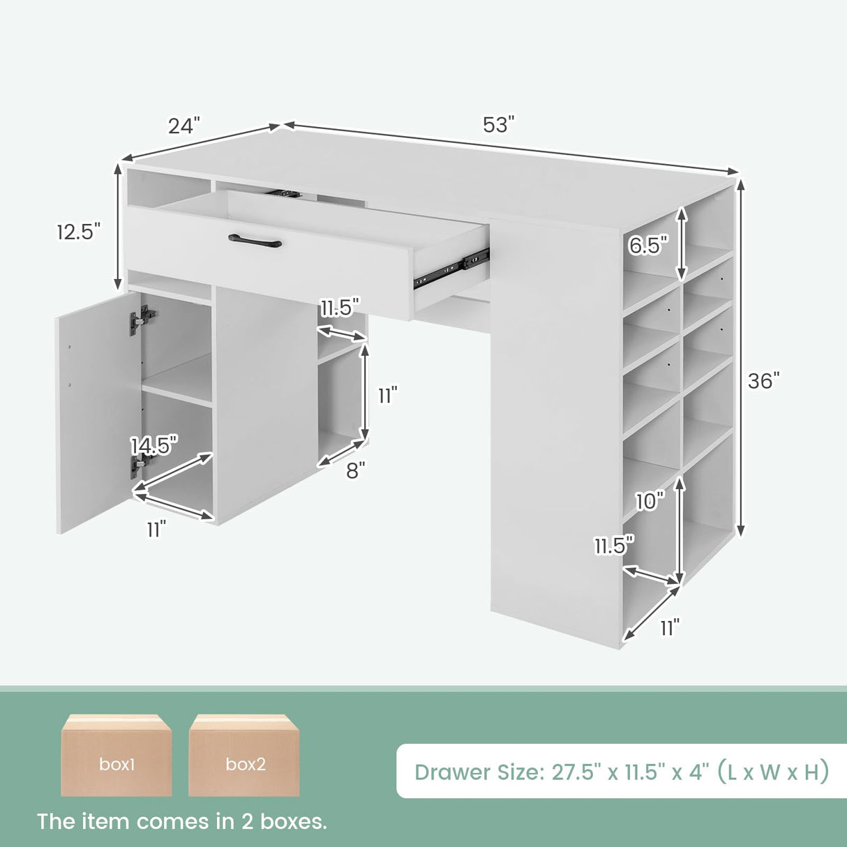 Giantex Craft Table with Storage, 53'' Artwork Sewing Table with 14 Cube Storage Shelves, Large Drawer, Cabinet with 2 Shelves, 36'' Counter Height Sewing Workstation White Drafting Writing Desk Giantex