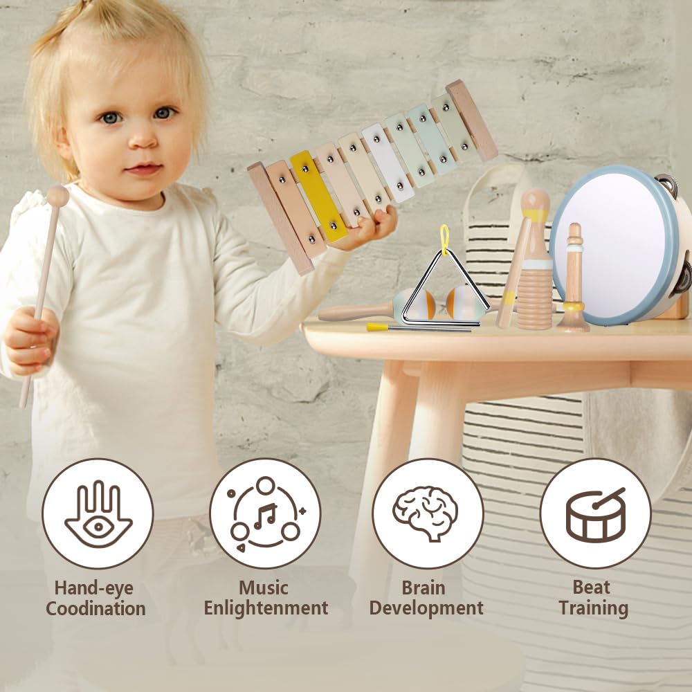 Baby Musical Instruments-Montessori Wooden Toys for Toddlers 1-3,Neutral Colors Percussion Instruments Set with Modern Boho Xylophone for Kids Preschool Educational 3+ (MIS898) Meytccve