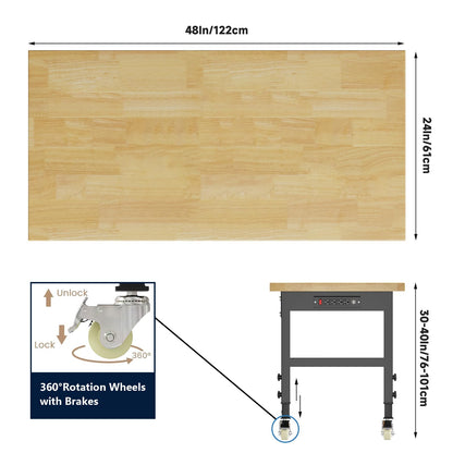 48'' Adjustable Workbench, 4 Heights Work Bench with Wheels and Power Outlets, 2000 LBS Heavy Duty Work Bench Table, Hardwood Work Benches for Garage, Workshop, Office, Home - WoodArtSupply