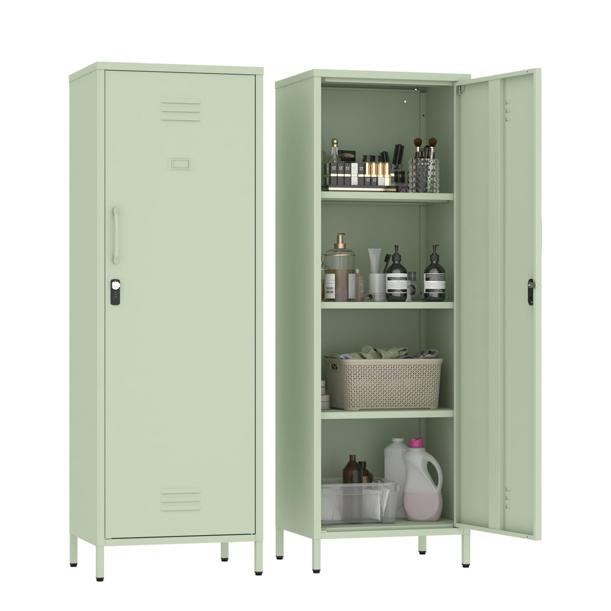 Steehoom Locker Cabinet, 59.06" H Green Metal Locker Storage Cabinet for Employees with Locking Door and 2 Shelves Kids Locker Tool File Cabinets for Bedroom, Home Office, Garage, Bathroom Steehoom