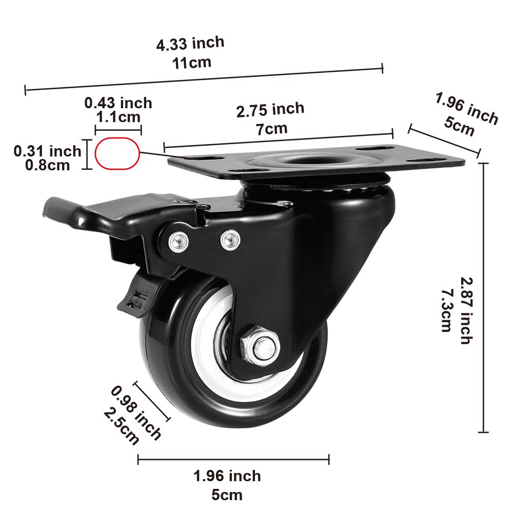 Caster Wheels, 2 inch Casters Set of 8 Heavy Duty - CLOATFET Locking Swivel Casters with Brake (Top Plate), Non Marking Black Castor Wheels for Cart Furniture Workbench CLOATFET
