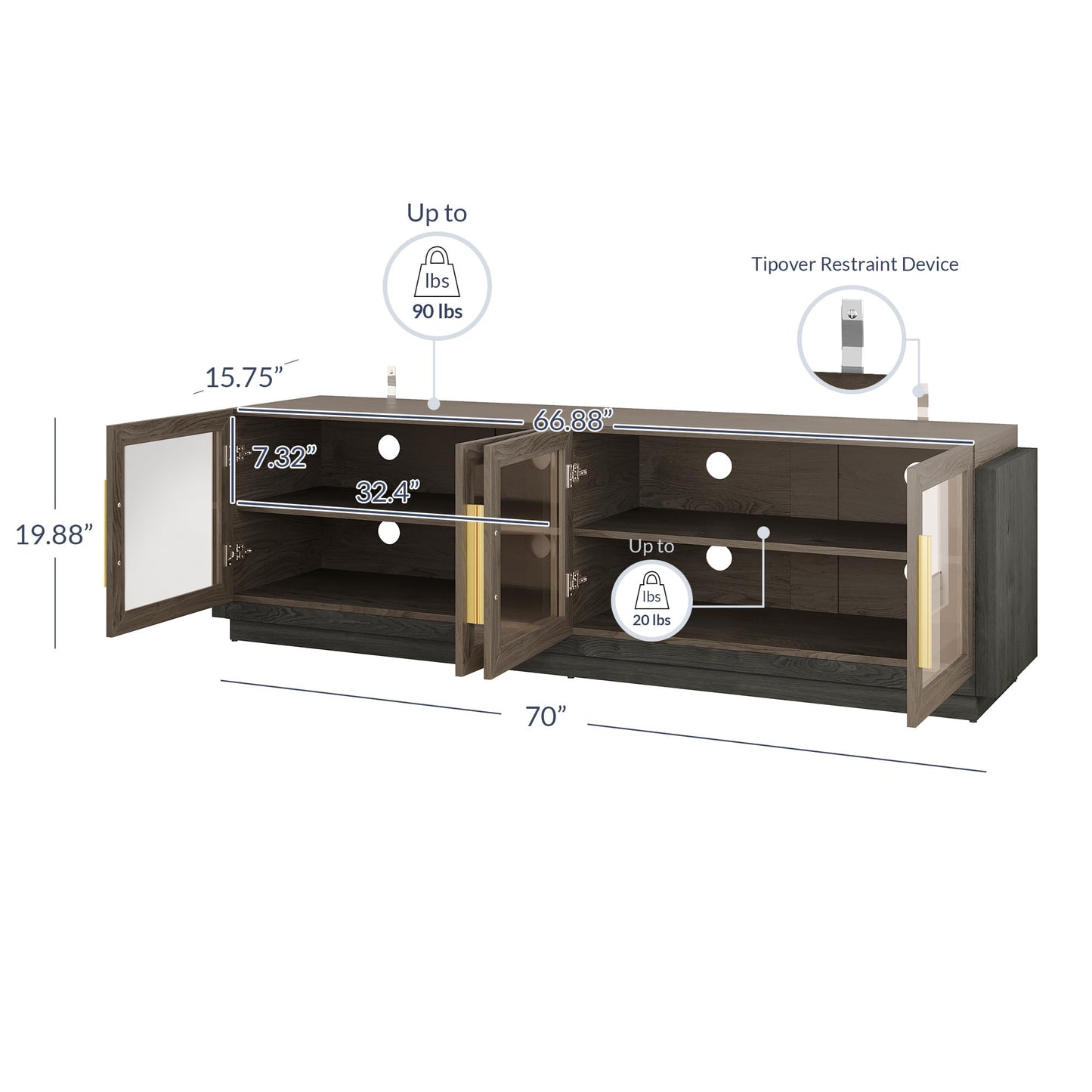 BELLEZE 70" TV Stand for TVs up to 75", Modern TV Cabinet & Entertainment Center with Shelves, Wood Storage Cabinet for Living Room or Bedroom - Brixston (Brown)