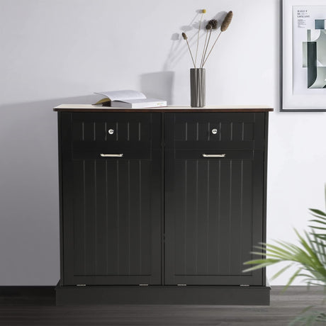 LOUVIXA Tilt Out Trash Can Cabinet Dog Proof with Double Wood Hidden Trash Can Holder, Kitchen Free Standing Recycling Cabinet（Black） LOUVIXA