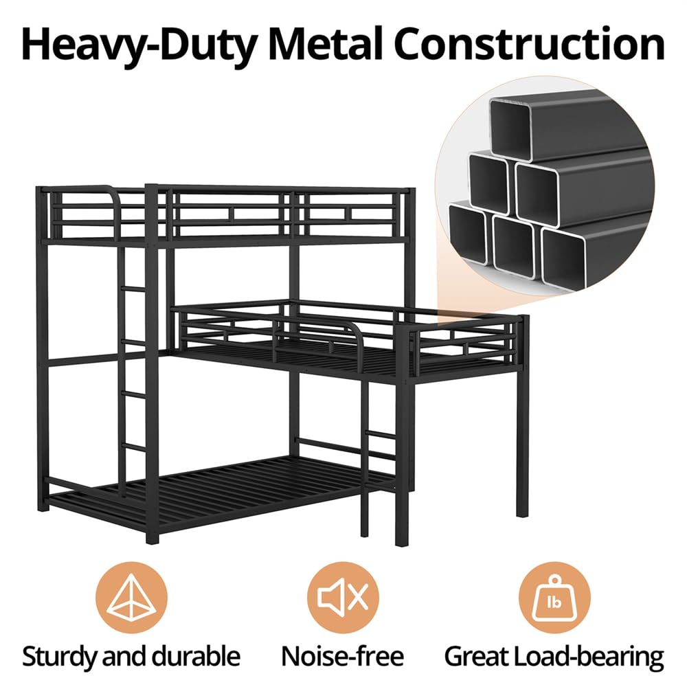 TURRIDU Heavy-Duty Triple Bunk Bed, Metal L-Shaped Bunk Bed for 3 Kids Adults with Built-in Ladder and Full-Length Guardrails, No Box Spring Needed & Space Saving Metal Triple Bunk Bed TURRIDU