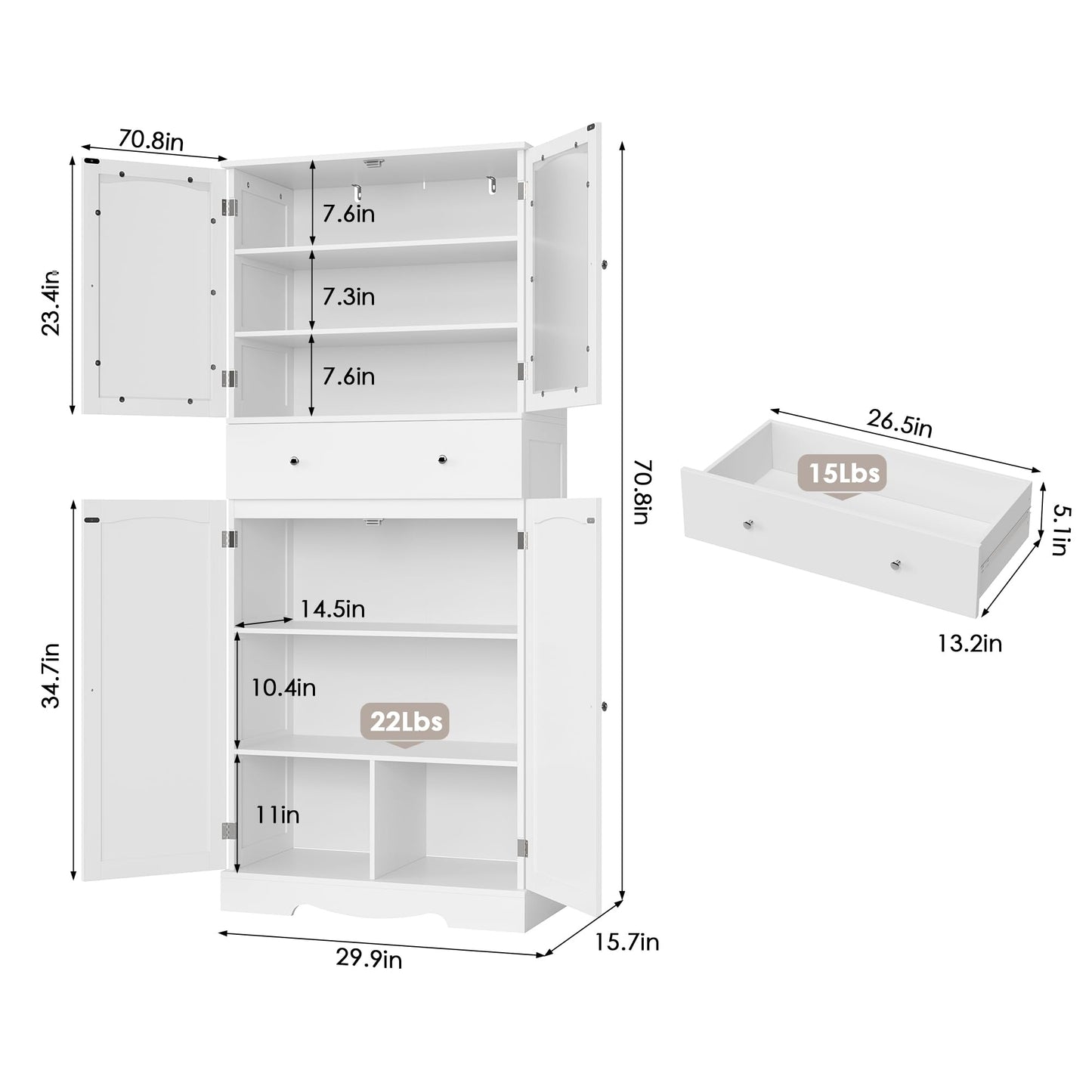 HOSTACK 71" Tall Bathroom Storage Cabinet, Modern Large Storage Cabinet with Glass Doors | Drawer, Freestanding Linen Cabinet Kitchen Pantry for Living Room, Bathroom, Home Office, White