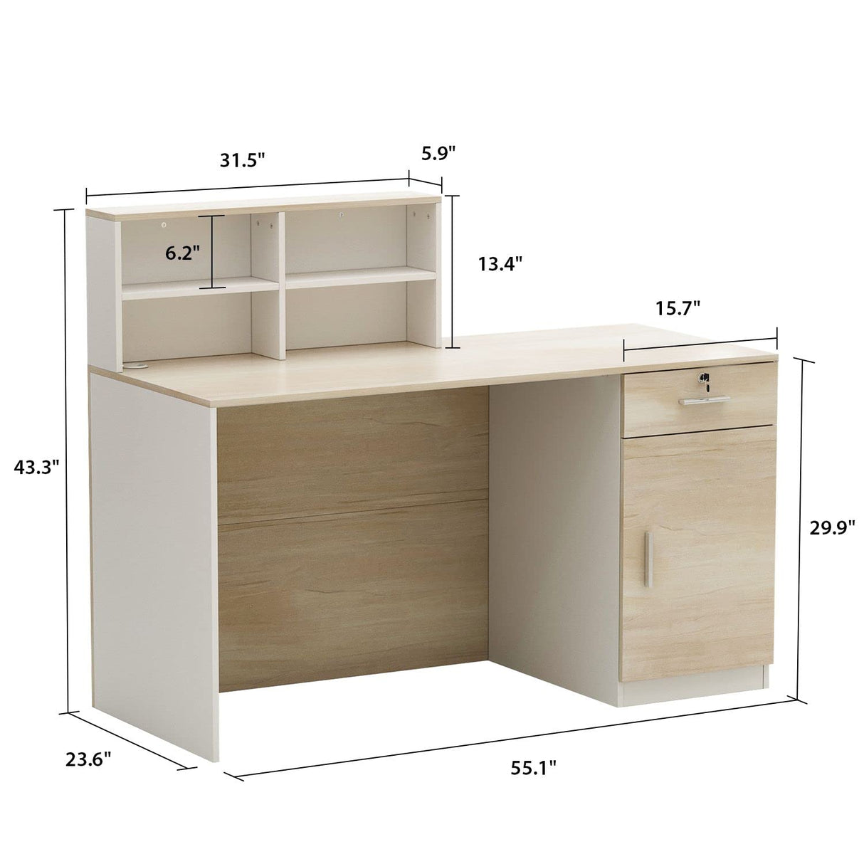 FAMAPY Reception Desk Retail Counter with Lockable Drawer & Shelves, Front Desk Reception Table for Salon Lobby Shop White and Oak 55.1'W x 23.6'D x 43.3'H FAMAPY