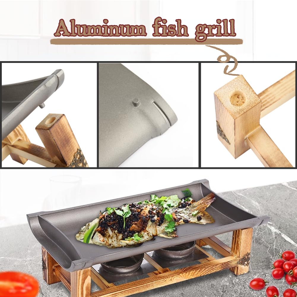 Alcohol Stove Non-Stick Grill Pan with Wooden Shelf, Ceramic Grill Plate Set for Indoor Outdoor BBQ Roasting Baking, Japanese Barbecue Tool(30CM)