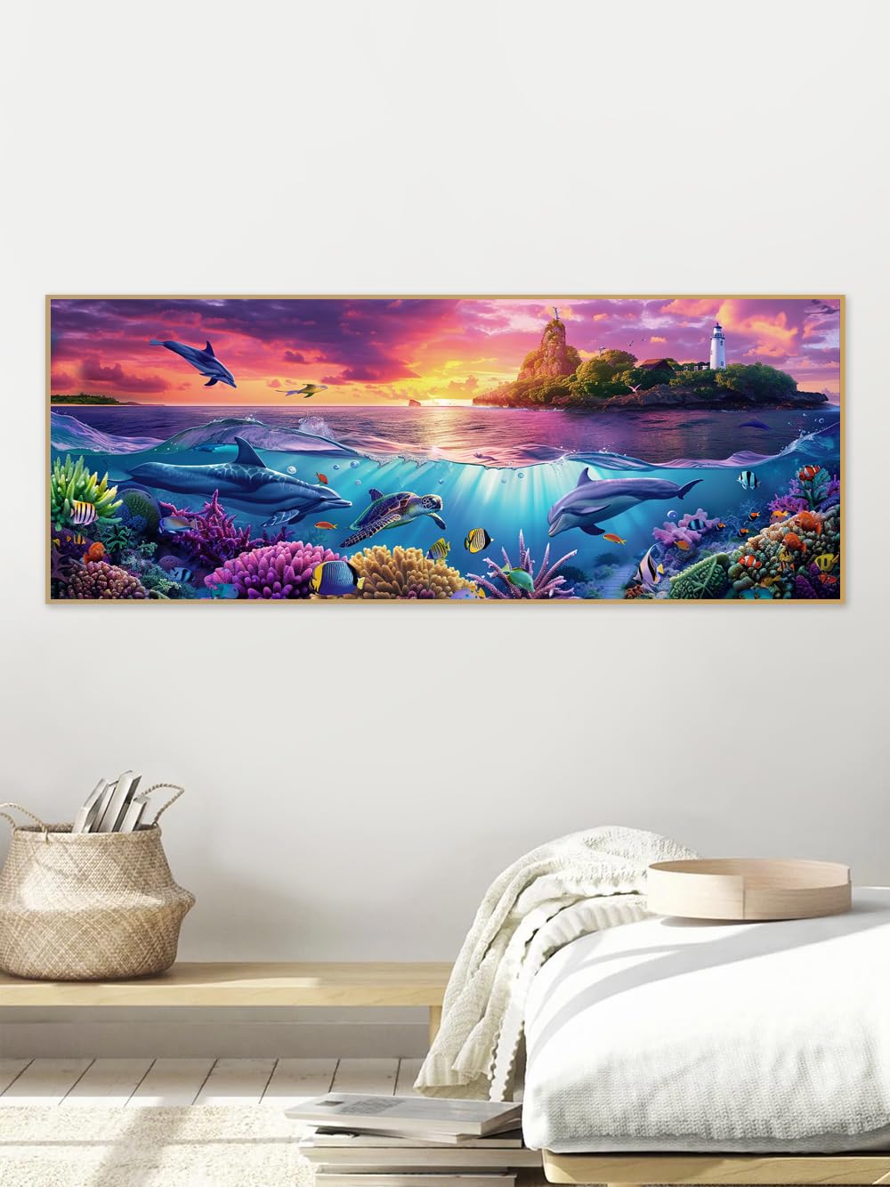 Kaliosy 5D Large Dolphins Diamond Art Kits for Adults, DIY Sunset Ocean Scenery Giant Diamond Painting Full Round Drill Crystal Art - Home & Office Wall Decor 11.81x31.5 inch/30x80cm Kaliosy