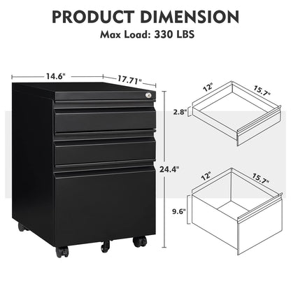 MIIIKO 3 Drawer File Cabinet, Metal Filing Cabinet with Lock Rolling Wheels, Office Storage Cabinet Under Desk,Deep Drawers for Hanging Legal Letter Fill, Full Assembled Except Casters - WoodArtSupply