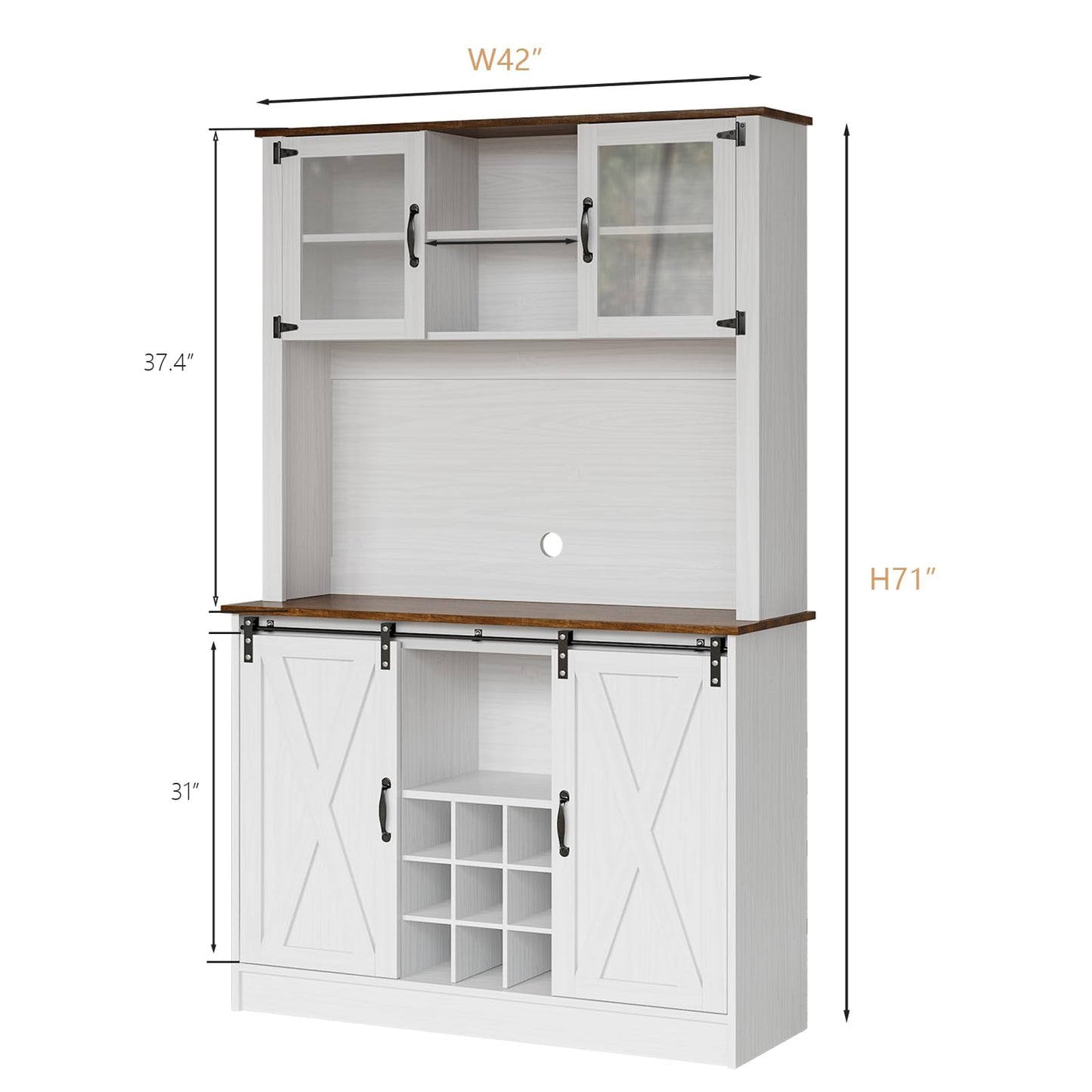 4ever2buy Farmhouse Coffee Bar Cabinet with Hutch, 72'' White Hutch Cabinet with 2 Glass Doors, Tall Wine Bar Cabinet with 9 Wine Racks, Coffee Bar Hutch with Storage for Living Room - WoodArtSupply