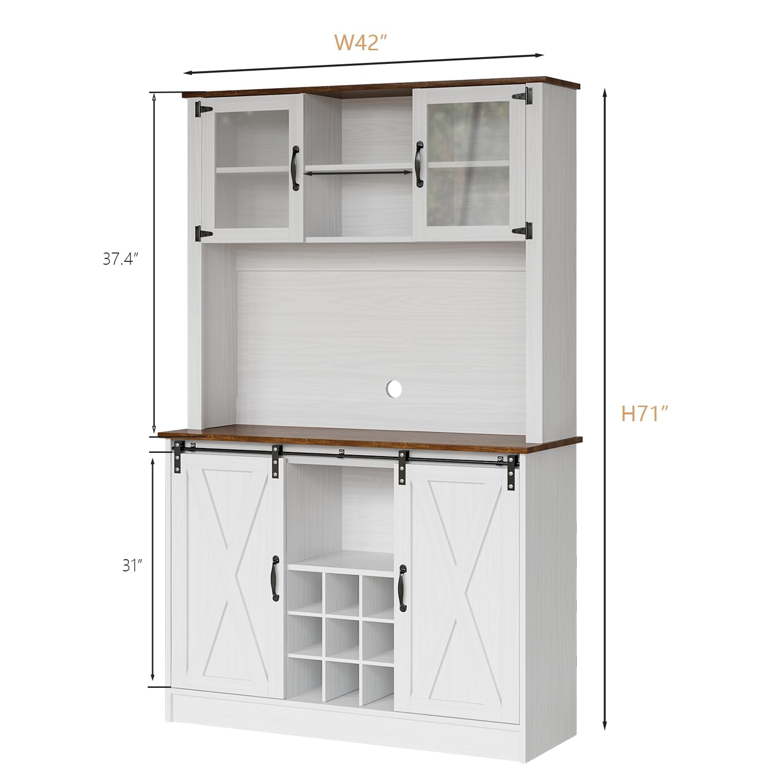 4ever2buy Farmhouse Coffee Bar Cabinet with Hutch, 72'' White Hutch Cabinet with 2 Glass Doors, Tall Wine Bar Cabinet with 9 Wine Racks, Coffee Bar Hutch with Storage for Living Room - WoodArtSupply