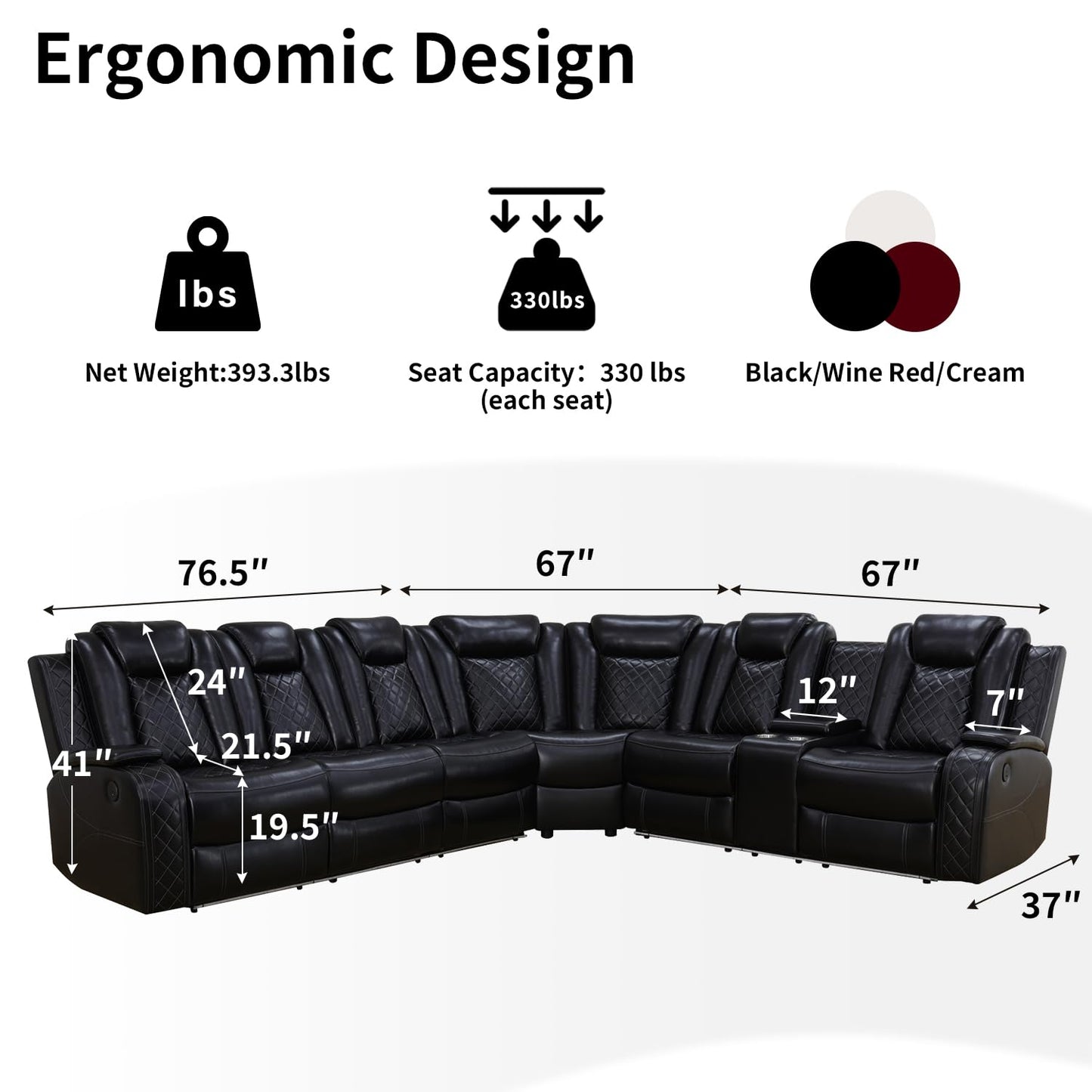 Power Recliner Sofa Sectional Couches with LED Light for Living Room,Leather Reclining Corner Sectional Sofa Set with 3 Recliner Seats,Cup Holder,Storage Console for House/Home Theater, Black