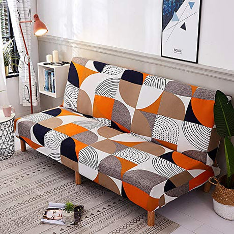 MIFXIN Stretch Futon Cover Armless Sofa Slipcover Elastic Spandex Folding Sofa Bed Couch Cover Printed Washable Furniture Protector for Sofa Without Armrest (Orange Geometry) MIFXIN