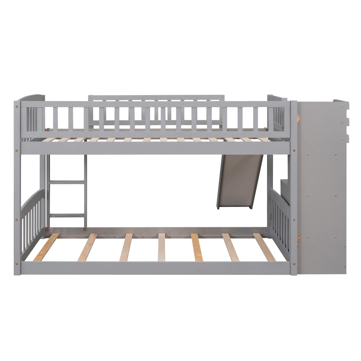 Twin Over Twin Bunk Beds with Slide, Low Bunk Bed Frame with Storage Drawers Stairway Wood Bunk Bed with Slide for Kids Boys Girls, Gray Finish Bellemave