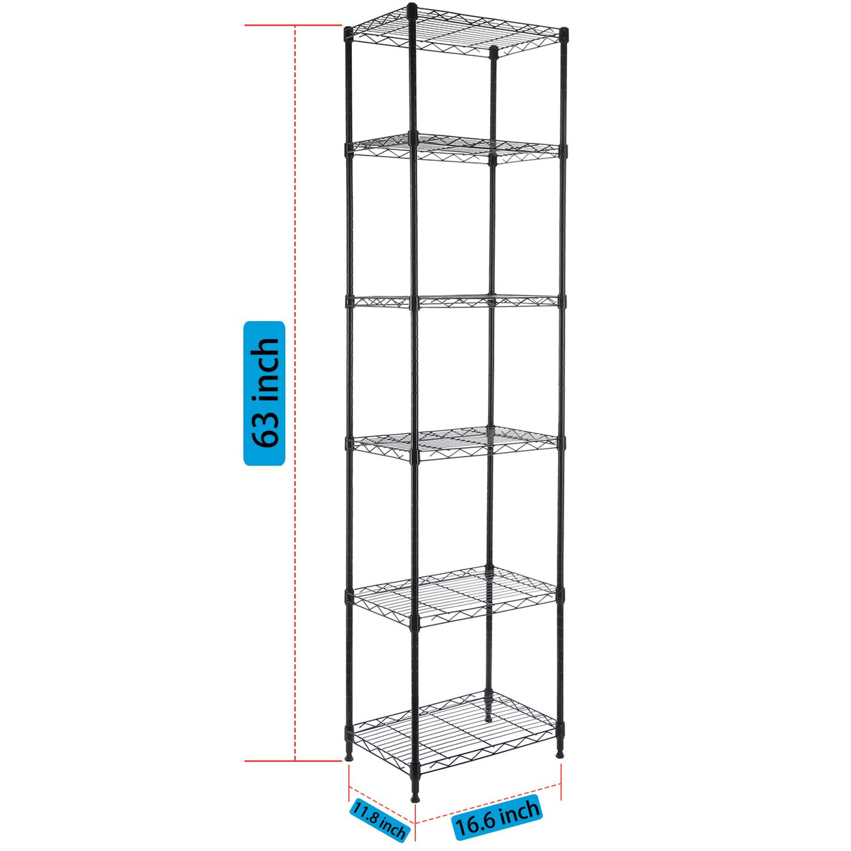 GIOTORENT 6-Tier Storage Shelves Standing Shelving Metal Units, Adjustable Height Wire Shelf Display Rack for Pantry Laundry Bathroom Kitchen 16.6” x 11.8” x 63”, Black GIOTORENT