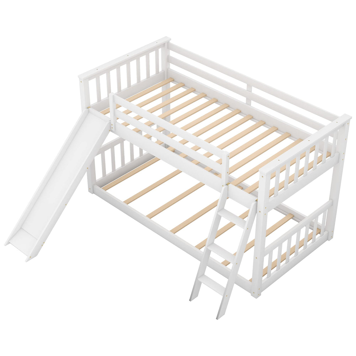 Bellemave Twin Over Twin Low Bunk Bed with Slide and Ladder, Low Bunk Bed for Kids, Girls, Boys, Floor bunk Bed, White Bellemave