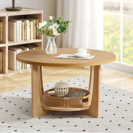 BECHAEO 31.5'' Round Coffee Table with Solid Wood Pine Legs, 2-Tier Retro Round Coffee Table with Storage Shelf, Small Modern Wood Circle Coffee Table Boho Round Center Table for Living Room (Natural) BECHAEO