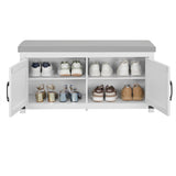 Hzuaneri Shoe Storage Bench, 2 Tier Shoe Bench with Padded Seat Cushion & 2 Barn Doors, Entryway Bench with Adjustable Shelf, Farmhouse Shoe Cabinet for Living Room, Bedroom, White SB26603GY Hzuaneri