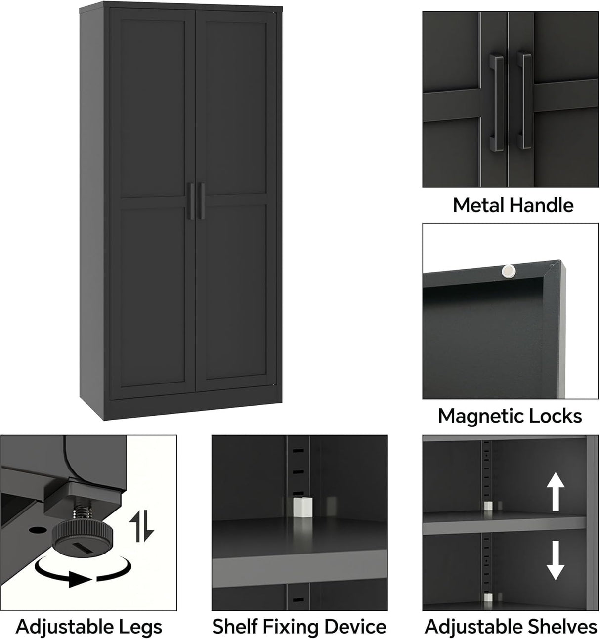 MIOCASA Metal Pantry Cabinet with Adjustable Shelves, Heavy-Duty Metal Storage Cabinet with 2 Doors Organizer for Kitchen, Office, Garage (Black) MIOCASA