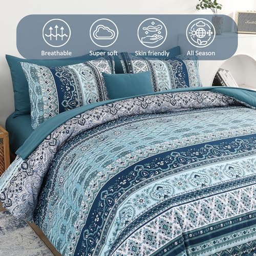 Cottolester Boho Blue Comforter Set Queen Size 8 Pieces,Teal Blue Comforter Bohemian Striped Bed in A Bag,Soft Microfiber Bedding Set for All Seasons Cottolester