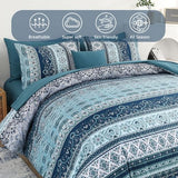 Cottolester Boho Blue Comforter Set Queen Size 8 Pieces,Teal Blue Comforter Bohemian Striped Bed in A Bag,Soft Microfiber Bedding Set for All Seasons Cottolester
