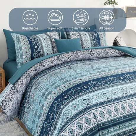 Cottolester Boho Blue Comforter Set Queen Size 8 Pieces,Teal Blue Comforter Bohemian Striped Bed in A Bag,Soft Microfiber Bedding Set for All Seasons Cottolester