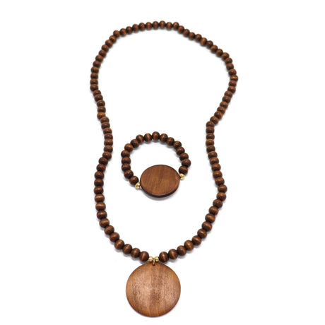 COLORFUL BLING Vintage Wooden Beaded Necklaces Chunky Round Pendant Bracelet Sweater Strand Necklace for Woman Boho Ethnic Handmade Jewelry Set-brown COLORFUL BLING