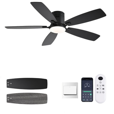 52inch Ceiling Fans with Lights, Low Profile Ceiling Fan with Light and Remote/APP Control, Flush Mount, Reversible Motor, Dimmable LED, Noiseless, Black Ceiling Fan for Bedroom Indoor Outdoor Use FUMLTP