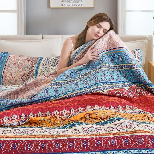 WONGS BEDDING Bohemian Quilt Set Full Size, Boho Striped Pattern Quilts Bedspread Set for All Season, Soft Microfiber Coverlet Bedding Set 78"x90"(3 Pieces, Full) WONGS BEDDING