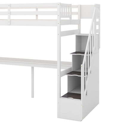 Twin Size Loft Bed with Desk,Solid Wood Loft Bed Frame with Storage Stairs,High Loft Bed Twin Size with Stairs for Kids,Teens, Adults,Space Saving, White