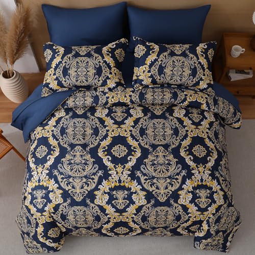 WONGS BEDDING Blue Gold Comforter Set King Size, Damask Texture 7 Pieces Bed in a Bag Microfiber Comforter Bedding Sets -1 Comforter, 1 Flat Sheet, 1 Fitted Sheet, 2 Pillow Shams, 2 Pillowcases WONGS BEDDING