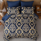 WONGS BEDDING Blue Gold Comforter Set King Size, Damask Texture 7 Pieces Bed in a Bag Microfiber Comforter Bedding Sets -1 Comforter, 1 Flat Sheet, 1 Fitted Sheet, 2 Pillow Shams, 2 Pillowcases WONGS BEDDING