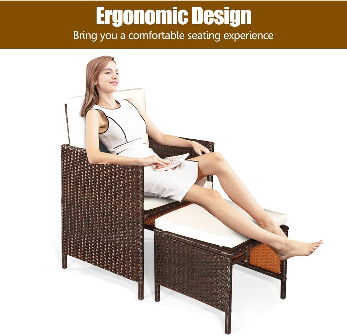 HAPPYGRILL 9-Pieces Patio Dining Set Outdoor Dining Furniture Set with Cushioned Seating, Space-Saving Dining Table with Acacia Wood Tabletop Rattan Wicker Chair and Ottoman Sets for Backyard Garden HAPPYGRILL