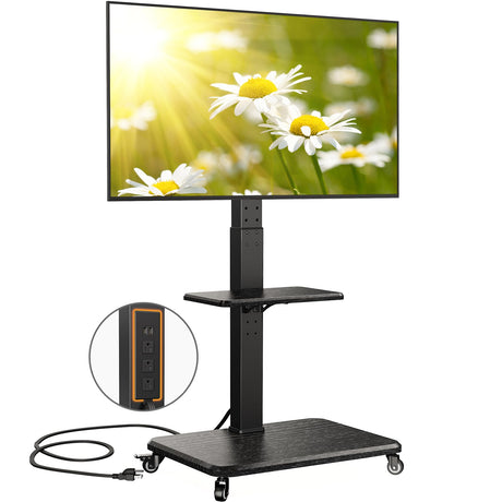 Perlegear Mobile TV Stand with Power Outlet, Tilt & Swivel Rolling TV Cart for 32 to 65 70 75 inch TVs up to 110 lbs, Height Adjustable Rolling TV Stand with Wheels, Max VESA 600x400mm, PGTVMC17 Perlegear