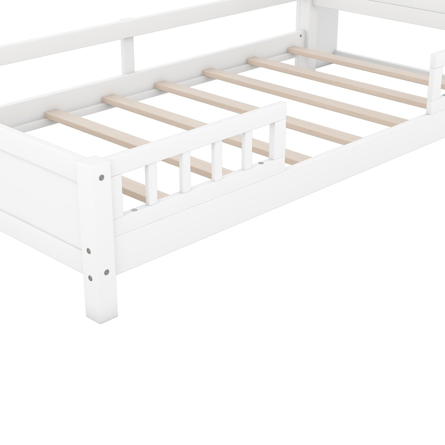 SOFTSEA Twin Size Antique White LED Platform Bed with Storage Headboard and Safety Guardrails - WoodArtSupply