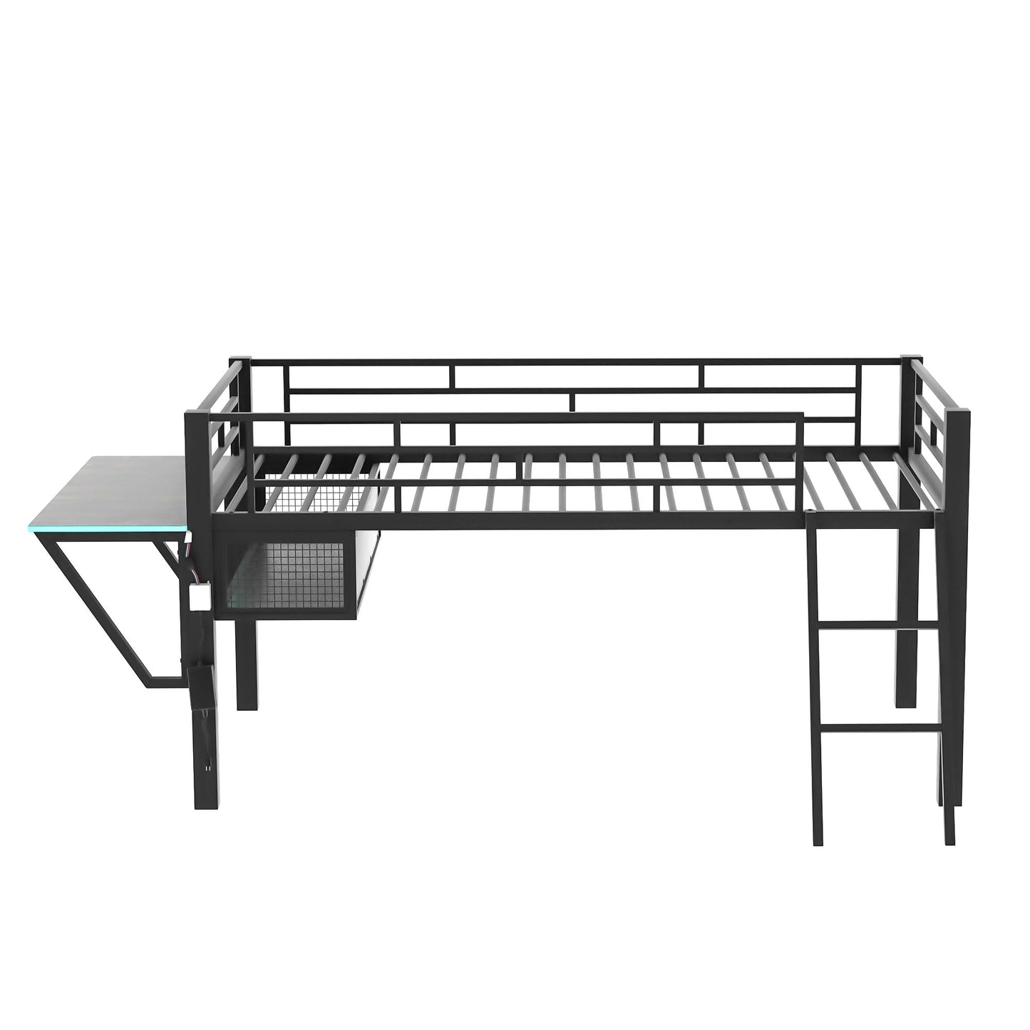 BEDGJH Twin Loft Bed with Desk, Metal Loft Bed for Kids Teens Bedroom Dorm, LED Lights, No Box Spring Needed (Black)