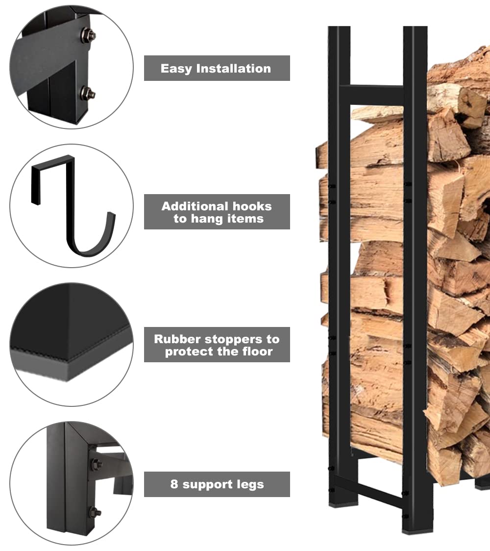 Khordin 4ft Firewood Rack Adjustable Heavy Duty Fire Wood Stand Holder for Outdoor Indoor Fireplace Log Storage, Metal Lumber Stacker Organizer, Black Khordin