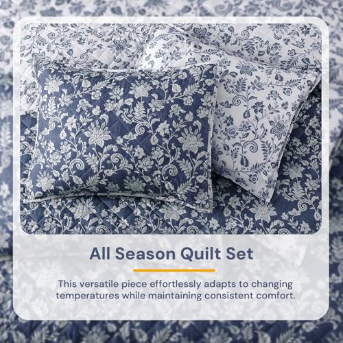 BLOOMHAVEN Quilt Set Queen Size, Oxford Blue Floral Quilt Sets, Reversible Bedspread Lightweight and Breathable for All Seasons, Soft Quilted Bedspread with 2 Pillow Shams BLOOMHAVEN