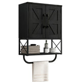 RUSTOWN Farmhouse Rustic Medicine Cabinet with Two Barn Door,Wood Wall Mounted Storage Cabinet with Adjustable Shelf and Towel Bar, 3-Tier Cabinet for Bathroom, Living Room(Black) RUSTOWN