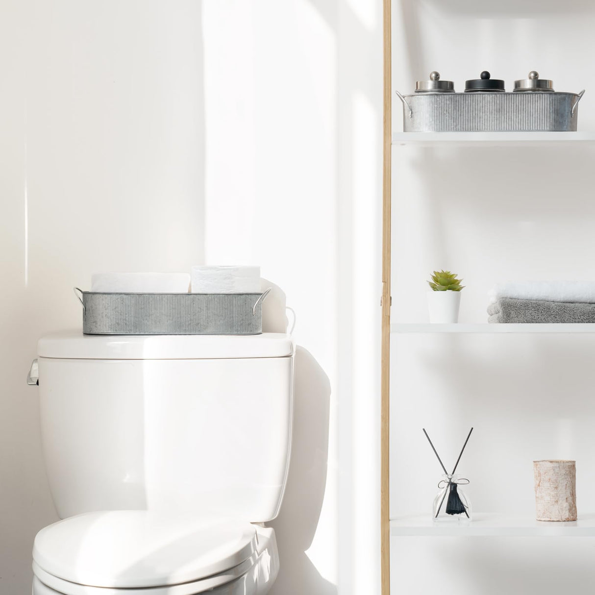 Mkono Metal Storage Basket for Toilet Tank Top Bathroom Decor, Galvanized Tray with Handle for Shelves, Farmhouse Toilet Paper Holder Organizing Bin Box for Countertop Living Room, Set of 2, Silver Mkono