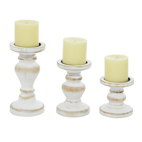 Deco 79 Wood Decorative Candle Holder Turned Style Candle Stand, Set of 3 Candlestick Holder 8", 6", 4"H, White Deco 79